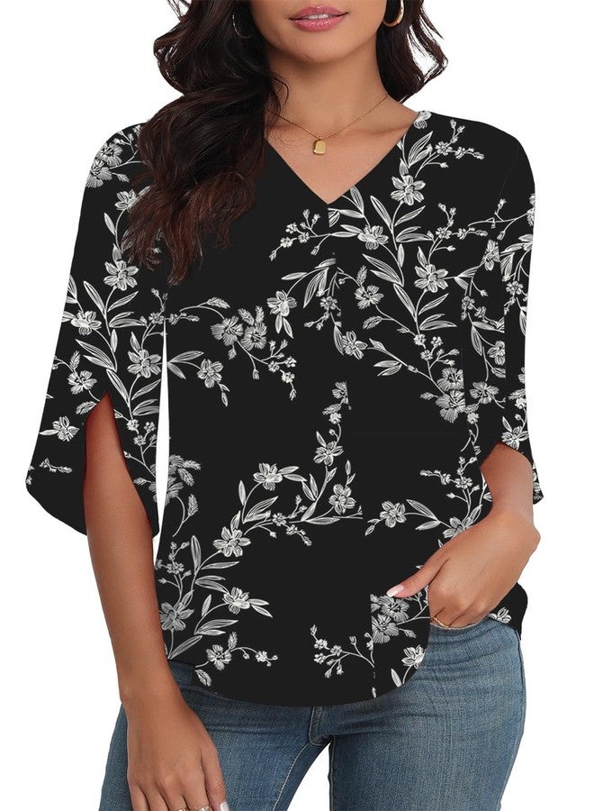 LAOLASI Womens Blouse Summer Elegant 3/4 Sleeve V Neck Flowy Chiffon Blouses for Women Casual Tops Shirts,Black D Floral,L - Image 1